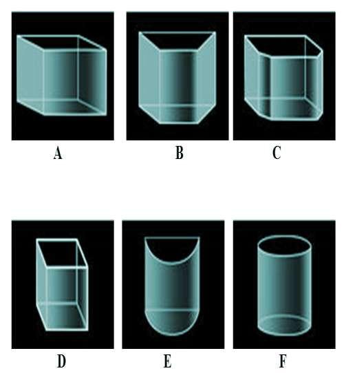 Rajah A dan B: Beberapa jenis akuarium berdasarkan bentuk akuarium: segi empat sama (A), berbelakang rata (B), heksagon berbelakang rata (C), empat segi sama (D) separa silinder (E) dan silinder (F)