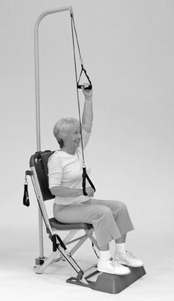 Sit upright in chair with back against posture support. 2. Grasp overhead pulleys with arms in front. 3.