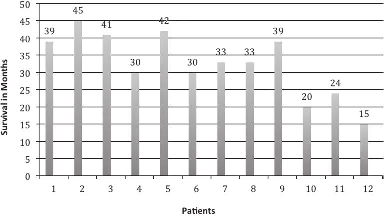 Based on Modified Tokuhashi score, the expected survival was less than 12 months in 2 patients and more than 12 months in the remaining patients. Ten patients are alive with an average duration of 32.