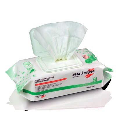 Clinical Disinfectant DELICATE SURFACE DISINFECTION OF MEDICAL DEVICES zeta 3 wipes POP-UP Mint fragrance ZETA 3 WIPES POP-UP are large, thick wipes soaked in disinfectant and cleaning solution with