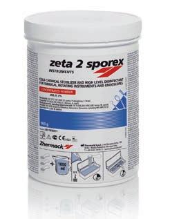 ZETA 2 SPOREX is specially formulated for the cleaning, high-level disinfection and cold chemical sterilisation of dental instruments (scalpels, pliers, tweezers, burs, mirrors, probes, etc) and in