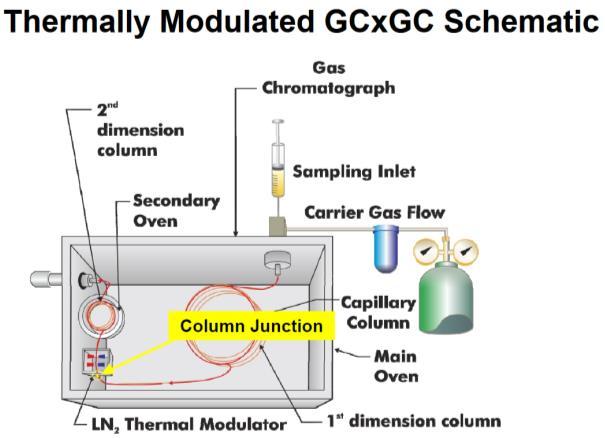 In the GCxGC two columns with orthogonal separation properties (polar / non-polar) are used instead of a GC separation column, thereby it is possible to enhance the chromatographic resolution, and