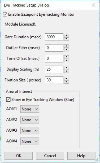 2. Enter the license information provided and set up the parameters for eye tracking (Figure HP- 18-S6) and open the Setup: Gaze Duration (msec): The amount of time, in msec, before the current time