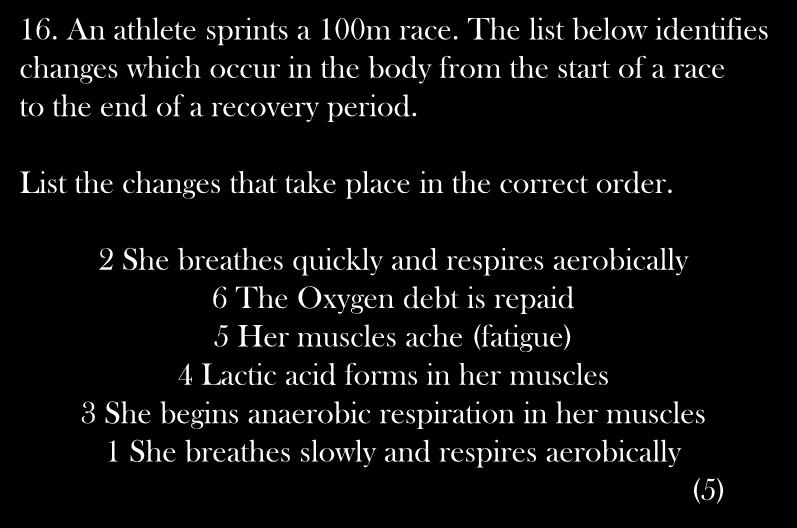 16. An athlete sprints a 100m race. The list below identifies changes which occur in the body from the start of a race to the end of a recovery period.