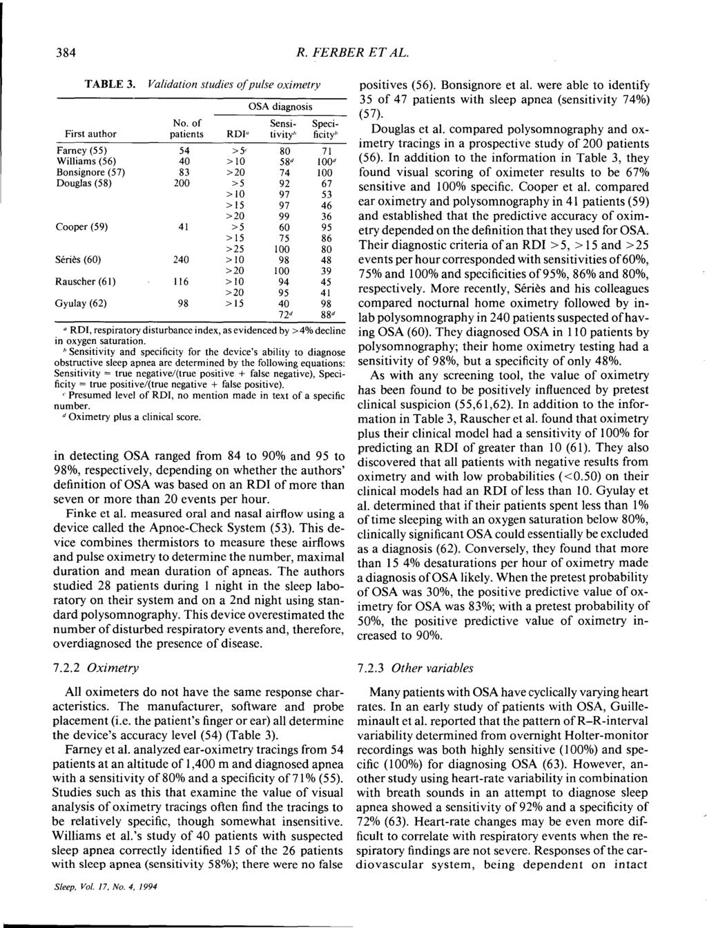 384 R. FERBER ET AL. TABLE 3. Validation studies of pulse oximetry OSA diagnosis No.