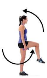 Begin in a standing upright position, balancing on one leg and holding a dumbbell