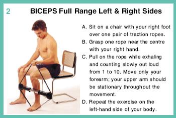 2. BICEPS Full Range Left & Right Sides A. Sit on a chair with your right foot over one pair of traction ropes. B. Grasp one rope near the centre with your right hand. C.