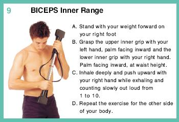 BICEPS Inner Range A. Stand with your weight forward on your right foot. B. Grasp the upper inner grip with your left hand, palm facing inward and the lower inner grip with your right hand.