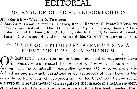 Discovery of Thyroid Homeostasis Roy Graham Hoskins (1880 1964) Edwin Bennett Astwood (1909 1976) R. G. Hoskins (1949) The Thyroid-Pituitary Apparatus as a Servo (Feed-Back) Mechanism.