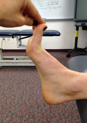 The forefoot can be differentiated by stabilizing the midfoot and promoting eversion at the forefoot. The patient is in supine.