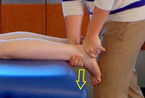 The knee of the clinician is placed on the posterior thigh of the patient for stabilization.