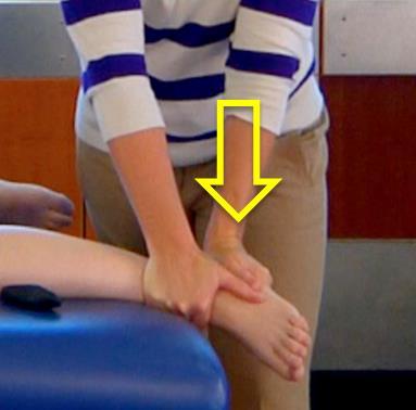 The patient assumes a sidelying position with the medial border of the leg placed on the clinician s forearm and the foot hanging off the mat, the clinician is standing facing the patient s foot.