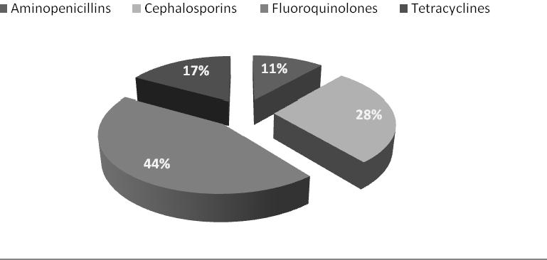 Figure 3.5. The study group of antibiotics as a cause of CDI Unfortunately relapses were recorded in 28.67% of the cases. The treatment was carried out as follows: Metronidazole (66.