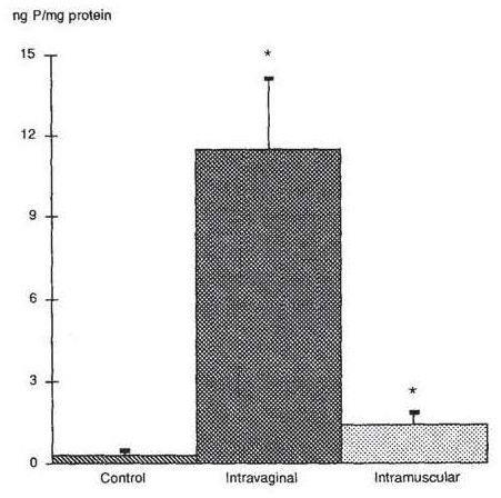 Nồng độ Progesterone trong máu (mean ± SE), *p<0.05 Nồng độ progesterone tại NMTC (mean ± SE), *p<0.