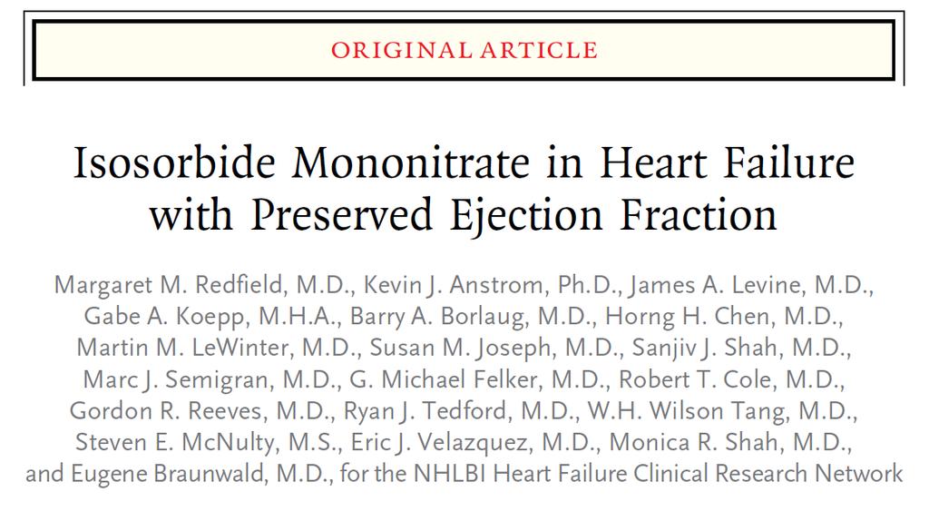 110 patients (57% women) with HFpEF (median NTproBNP ~ 240 ng/l) X-over: Isosorbide mononitrate