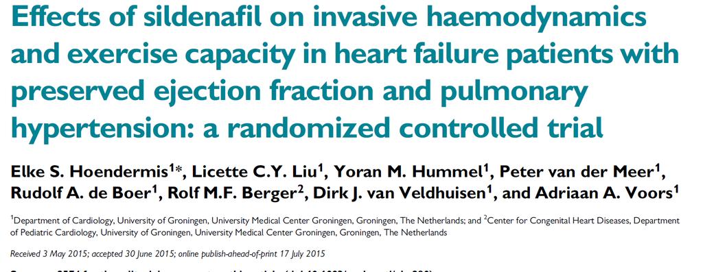 52 patients with HFpEF and raised PA pressure (mean PAP > 25 mmhg) Median NTproBNP ~ 1000 ng/l Randomised to sildenafil (up to 60 mg TDS) or