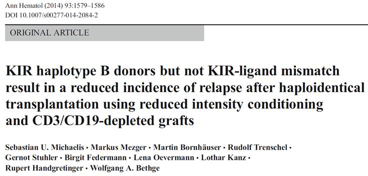 Michaelis et al, 57 adults with hematological malignancies given T cell depleted (C3/C19) haploidentical HSCT (RIC) were found to have a reduced risk for relapse when transplanted from a KIR