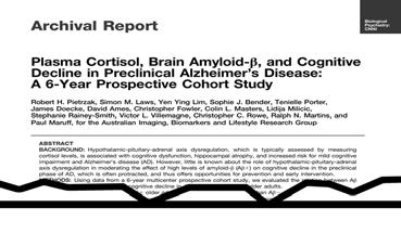 with higher plasma cortisol at much greater risk of developing AD accelerated effect of Αβ+ on decline in global cognition, episodic memory, and attention 0.7 0.6 p<0.