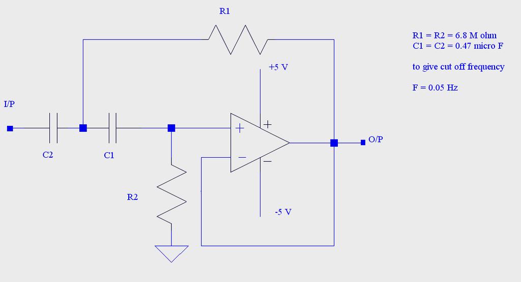 iii. A High Pass Filter, whose cut-off frequency = 0.05 Hz, in order to remove DC component, which gets added through our bodily contacts with electrodes. LF 412 has been used for this purpose.
