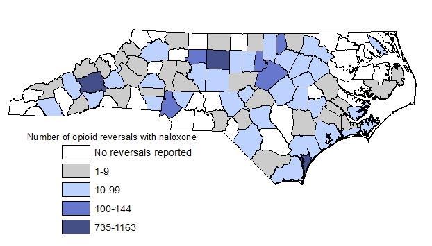 Number of Opioid Overdose Reversals with Naloxone Reported by the North Carolina Harm Reduction Coalition by County 8/1/2013-9/30/2016 (4,639 total reversals reported) 16 reversals in an unknown