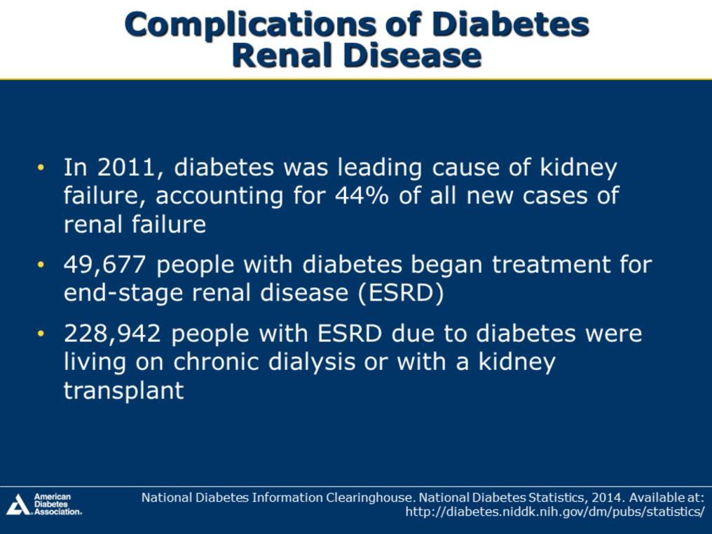 44% of all new cases of kidney failure in 2008 were caused by diabetes Also in 2011 49,677 began treatment for end-stage renal disease 228,942 people with ESRD due to diabetes were living on