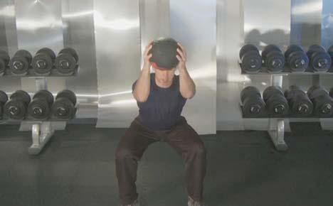 GIANT SET 3: 1. Squat With Med Ball Double Press x 10 reps Squat with the medicine ball in both hands against your chest. Press at the top, squat down, press at the bottom. 2.