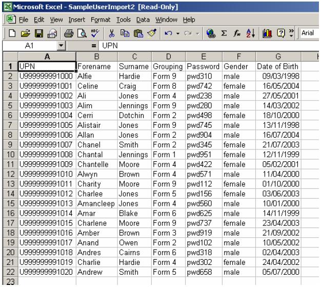 Below is a screen shot showing the format of the CSV file that has been opened in a spreadsheet application. Note that there is one respondent record per row.