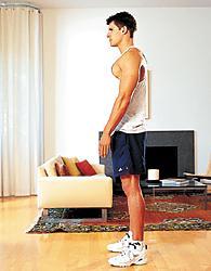 Bend and raise (25 Rep) Stand with your feet placed slightly wider than shoulder-width apart and your arms relaxed at