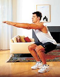 Half-squat (20 Rep) Stand with your feet placed slightly farther than shoulder-width apart and your arms relaxed at your sides.