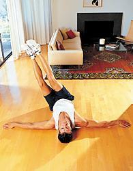 Hip twist (10 reps each side) Lie faceup with your arms resting at your sides and your palms flat on the floor.