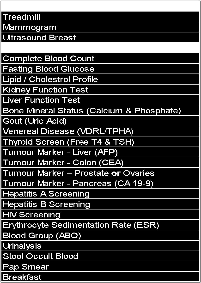 Status (Calcium & Phosphate) Gout (Uric Acid) Venereal Disease (VDRL/TPHA) Thyroid Screen (Free T4 & TSH) Tumour Marker - Liver (AFP) Tumour Marker - Colon (CEA) Tumour Marker Prostate or