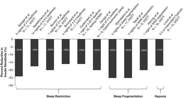 Short Sleep Time and Insulin Resistance Karine Spiegel and colleagues did the first thorough investigation of the effects of sleep loss on glucose metabolism in 11 healthy young men (aged 18 27