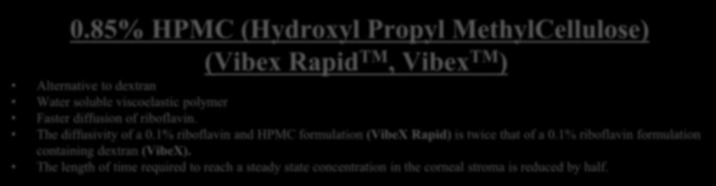 85% HPMC (Hydroxyl Propyl MethylCellulose) (Vibex Rapid TM, Vibex TM ) Alternative to dextran Water soluble viscoelastic polymer Faster diffusion of riboflavin.