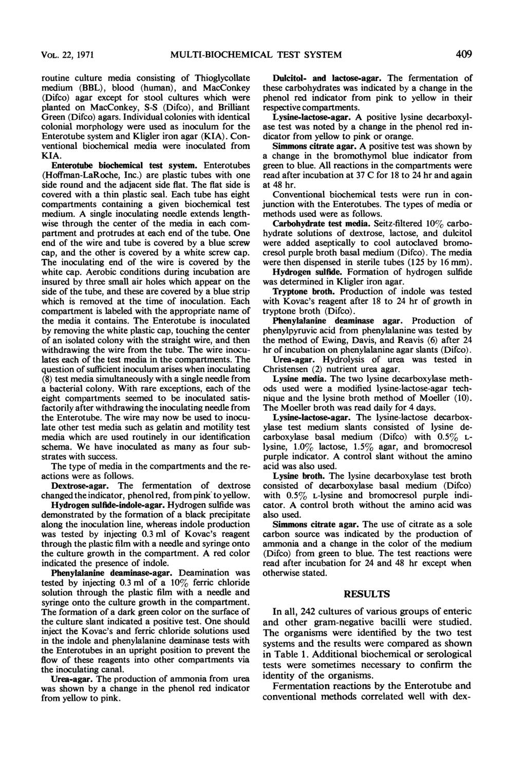 VOL., 1971 MULTI-BIOCHEMICAL TEST SYSTEM 9 routine culture media consisting of Thioglycollate medium (BBL), blood (human), and MacConkey (Difco) agar except for stool cultures which were planted on