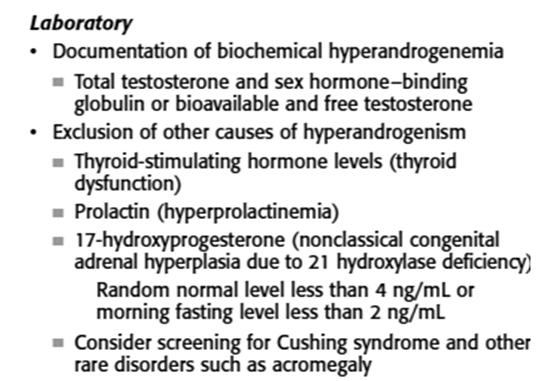 Clinical or biochemical hyperandrogenism for PCOS Included as one criterion in all classification systems.