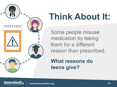 Slide 14 Transition: Some people misuse prescription medications by taking them for a reason different than prescribed. What reasons do teens give for misusing prescription medications? 1. By yourself or working with a partner, brainstorm why teens misuse prescription medications.