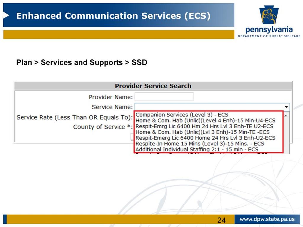 This slide shows how the Enhanced Communication Services modifier appears in HCSIS for select services.