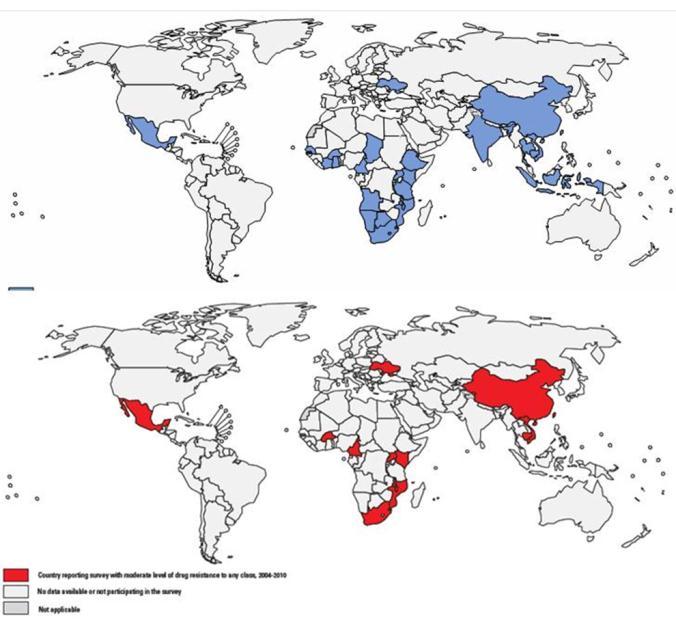 Fig. Countries implementing HIV drug resistance surveillance (in blue) and reporting moderate (5-15%) levels of transmitted drug resistance to any drug class (in red), 2004-2010.