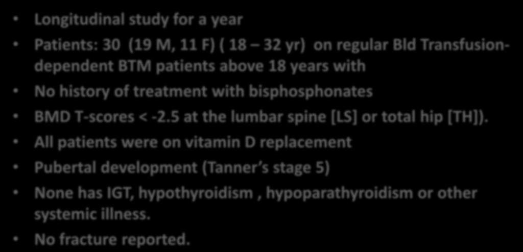 Design and Patients: Longitudinal study for a year Patients: 30 (19 M, 11 F) ( 18 32 yr) on regular Bld Transfusiondependent BTM patients above 18 years with No history of treatment with