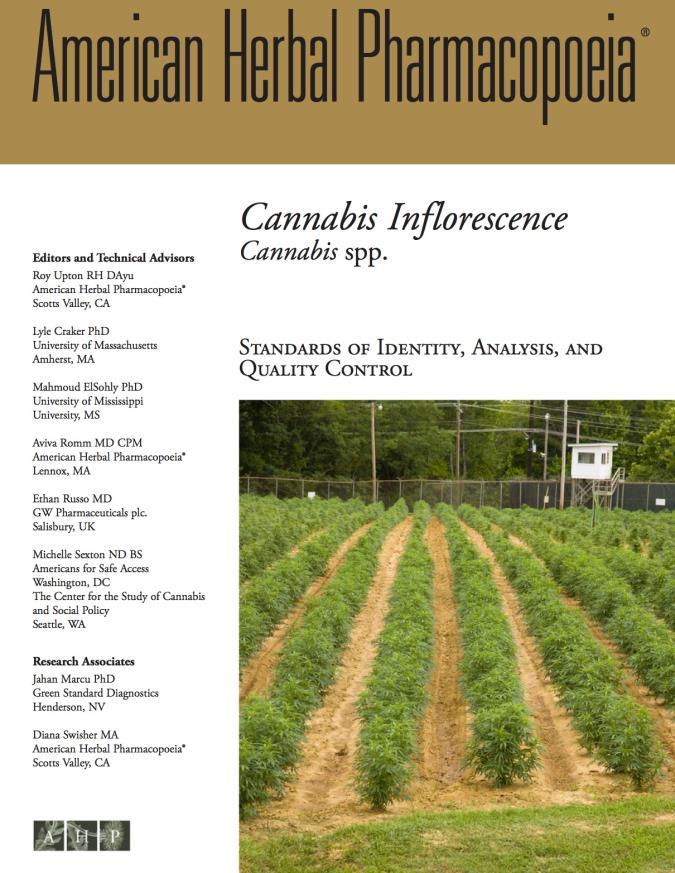 Figure 1. The front cover of the American Herbal Pharmacopoeia Cannabis Monograph (2014). This document has set the standard for cannabis quality control in several U.S. states.