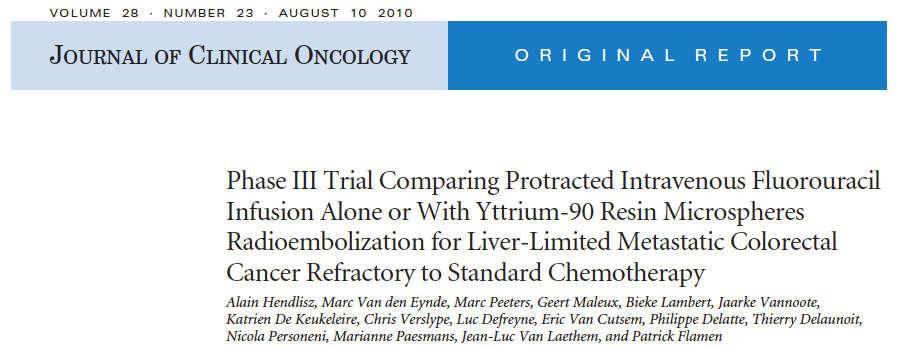 To date, the only Phase III RCT reaching its primary endpoint on SIRT and CRCm. Multicentric randomized controlled trial comparing 5FU alone vs. 5FU+SIRT in chemorefractory CRCm.