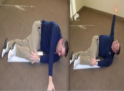 Supine External Rotation: Lie on your back with your knees bent and arm bent as it appears in the image.
