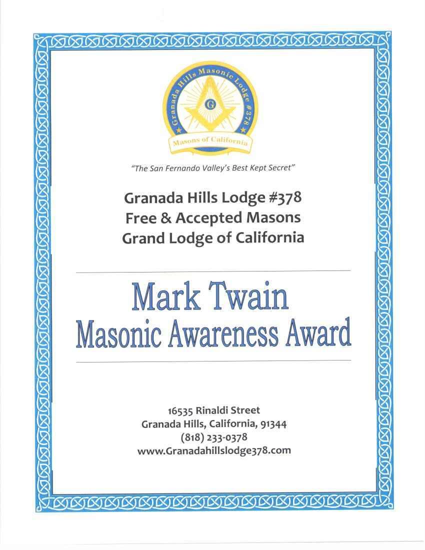 "The San Fernando Valley's Best Kept Secret" Granada Hills Lodge #378 Free & Accepted Masons Grand Lodge of California Mark