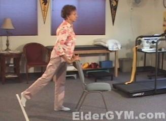 22 Hip Extension (Click to see video demonstration) Stand, using a chair to balance yourself.
