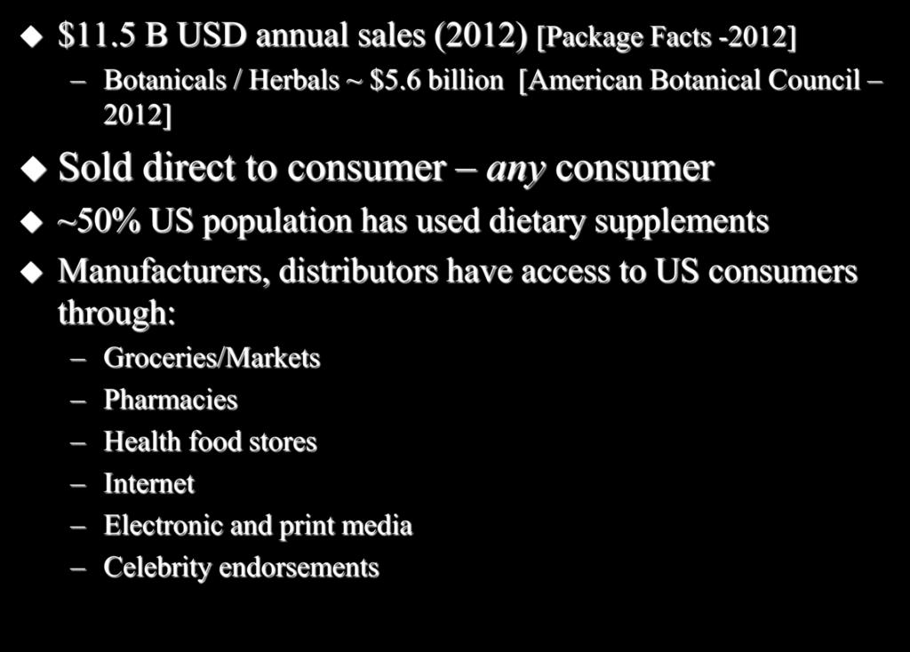 US Dietary Supplement Industry $11.5 B USD annual sales (2012) [Package Facts -2012] Botanicals / Herbals ~ $5.