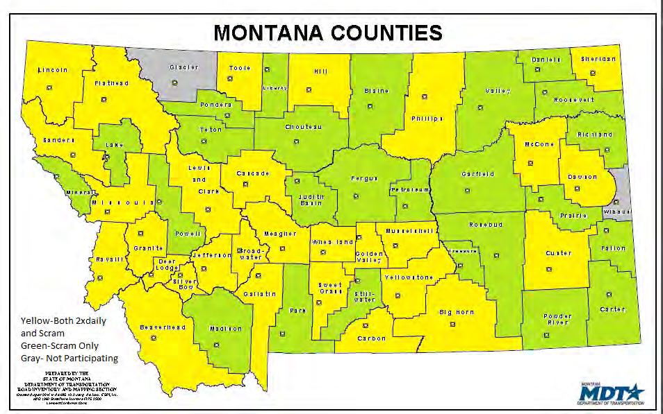 As of 7/9/2017 the 24/7 programs are up and running in 54 of the 56 counties in MT In GREEN (24) counties are operating Scram only In