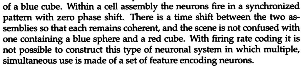 the correct association of color and shape might be represented in the brain by synchronizing the activity of the the neurons within each of the two cell assemblies In this way neurons coding for red