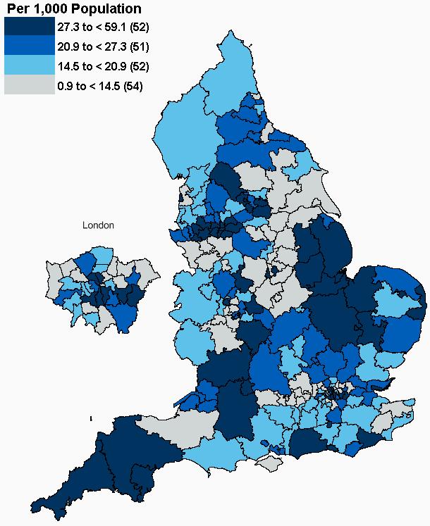 Prescription items Prescription items dispensed by Clinical Commissioning Group, per 1,000 England rate: 22 per 1,000 population NHS Bradford City had the highest rate of items dispensed, with 59 per