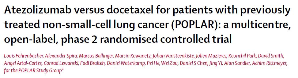 287 patients with previously treated advanced or metastatic NSCLC Randomized Atezolizumab to docetaxel Results: Overall survival 12.6 months vs 9.7 months; HR 0.73, p = 0.04 Median duration 14.