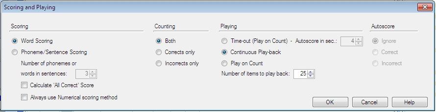 3 Navigating in the OTOsuite Audiometry Module click or select Tools > Options > Speech > Scoring and Playing and click the pop-up button. The Scoring and Playing dialog is shown.